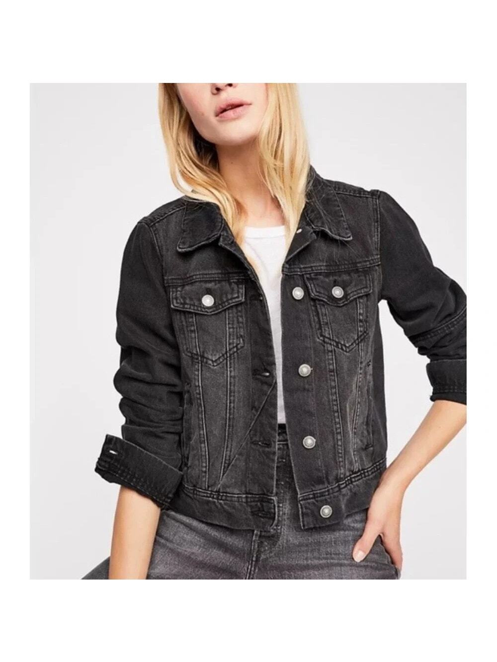 Free People We The Free Rumors Washed Black Distressed Denim Jacket Size S